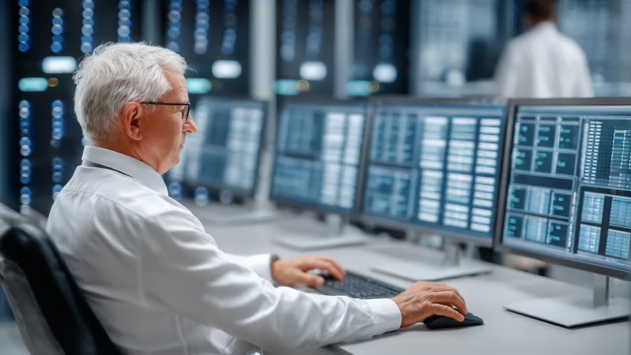 Seasoned Professional Analyzing Data on Multiple Monitors in a High-Tech Environment, Displaying Complex Information and Insights for Strategic Decision Making