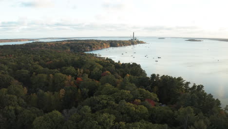 aerial drone footage flying towards cousins island wyman power plant from forest tree top