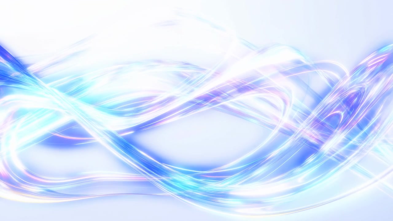 Layered translucent ribbons and luminous light trails sweep horizontally across wide high-key backdrop, forming overlapping loops and diagonal arcs with blue, violet, and pink glows, smooth curves