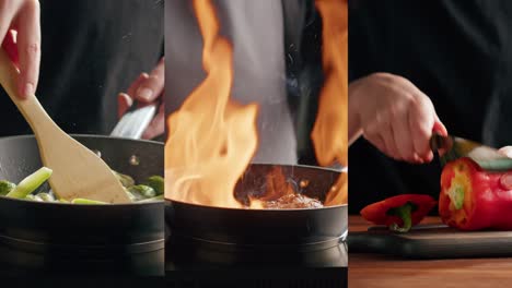 chef cocinando coles de bruselas y pimientos