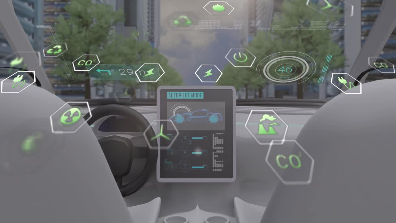 animación de procesamiento de datos y iconos de ecología sobre el coche y la ciudad