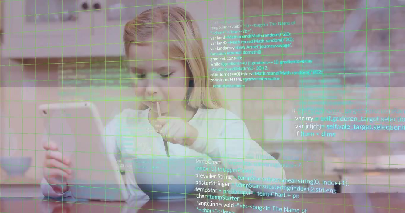 Girl scooping cereal in kitchen and tapping tablet screen for learning with icons popping on screen