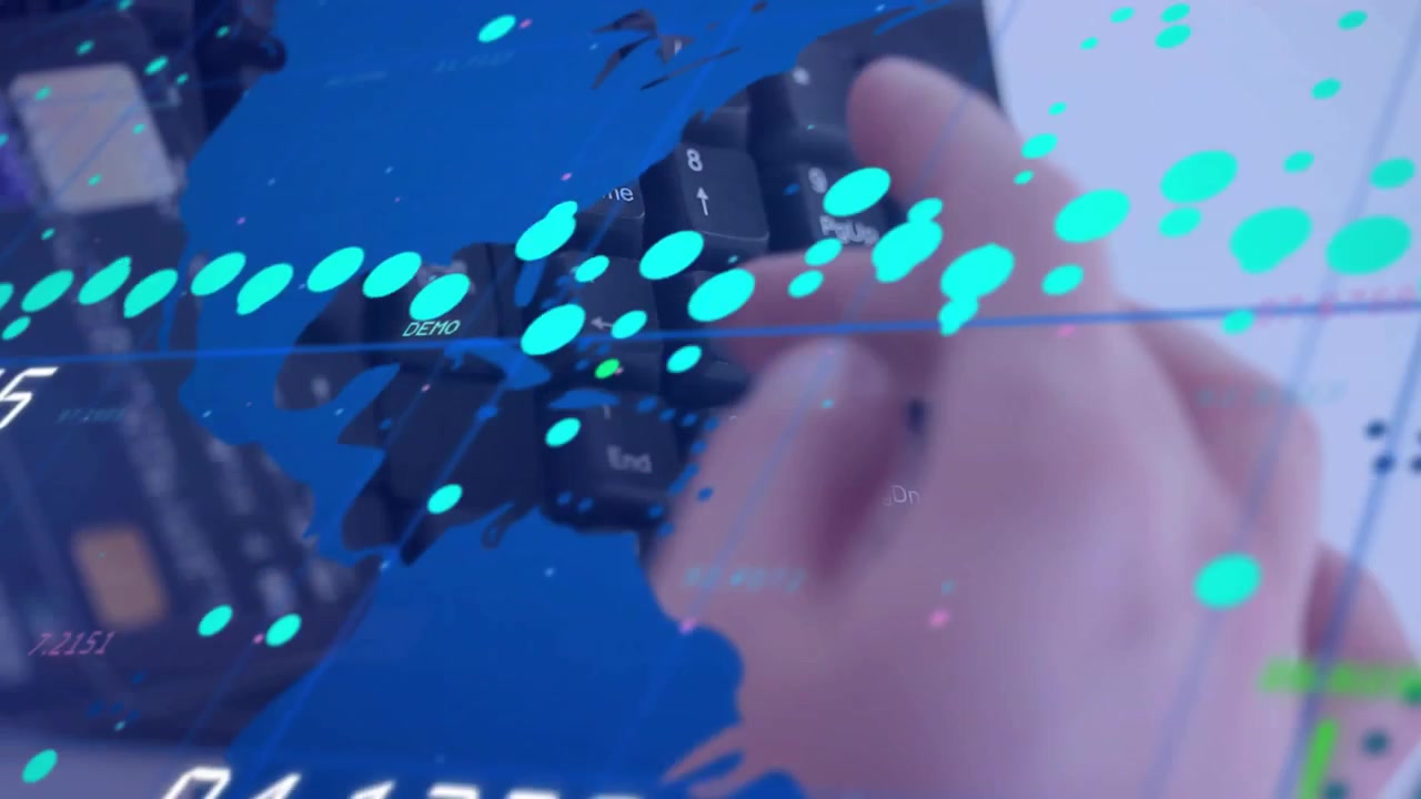User hands pressing numpad, entering data and causing blue map and values to intensify for finance