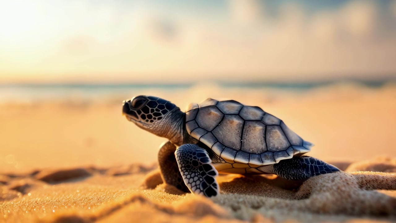 Baby Sea Turtle Crawling on Sandy Beach at Sunset