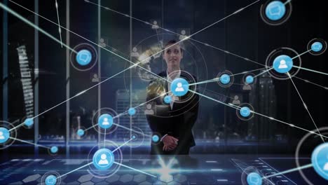 animation of network of connections with icons over businesswoman touching interactive screen