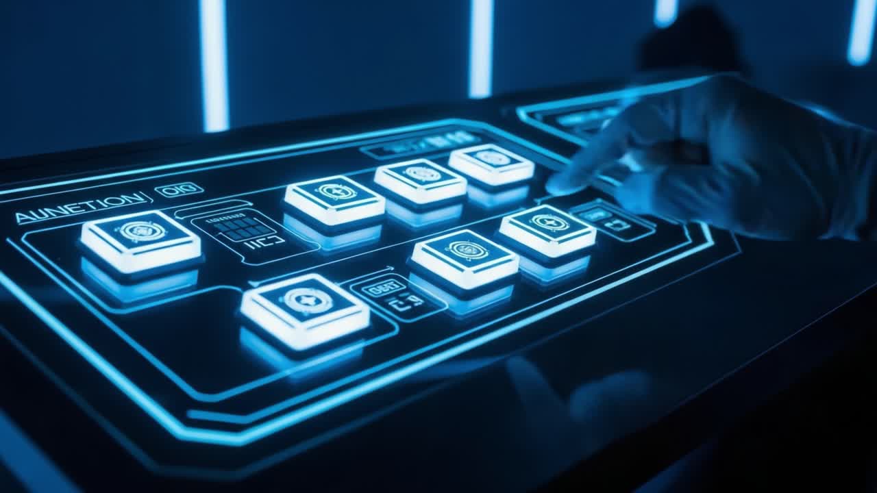 A futuristic control panel featuring illuminated touch buttons, showcasing tactile interaction and advanced technology with a focus on sleek design and user engagement.