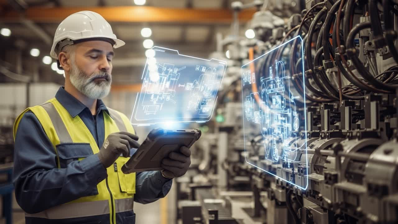 A focused technician in a manufacturing facility utilizes advanced technology, analyzing digital blueprints and data on a tablet while surrounded by machinery.