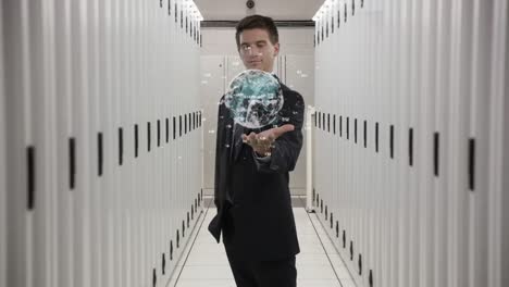 man holding a digital sphere