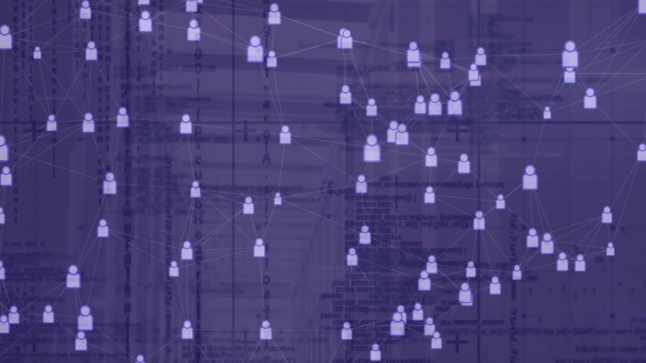 Upon canvas loading user icons emerging and linking while demonstrating network growth on blueprint