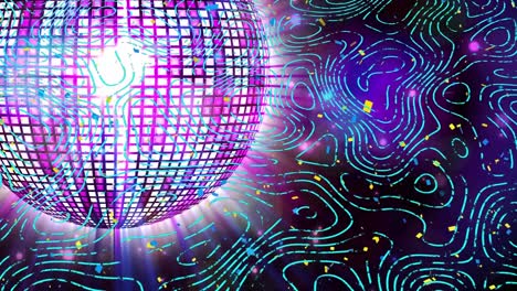 animación de una pelota de discoteca giratoria y olas sobre fondo violeta