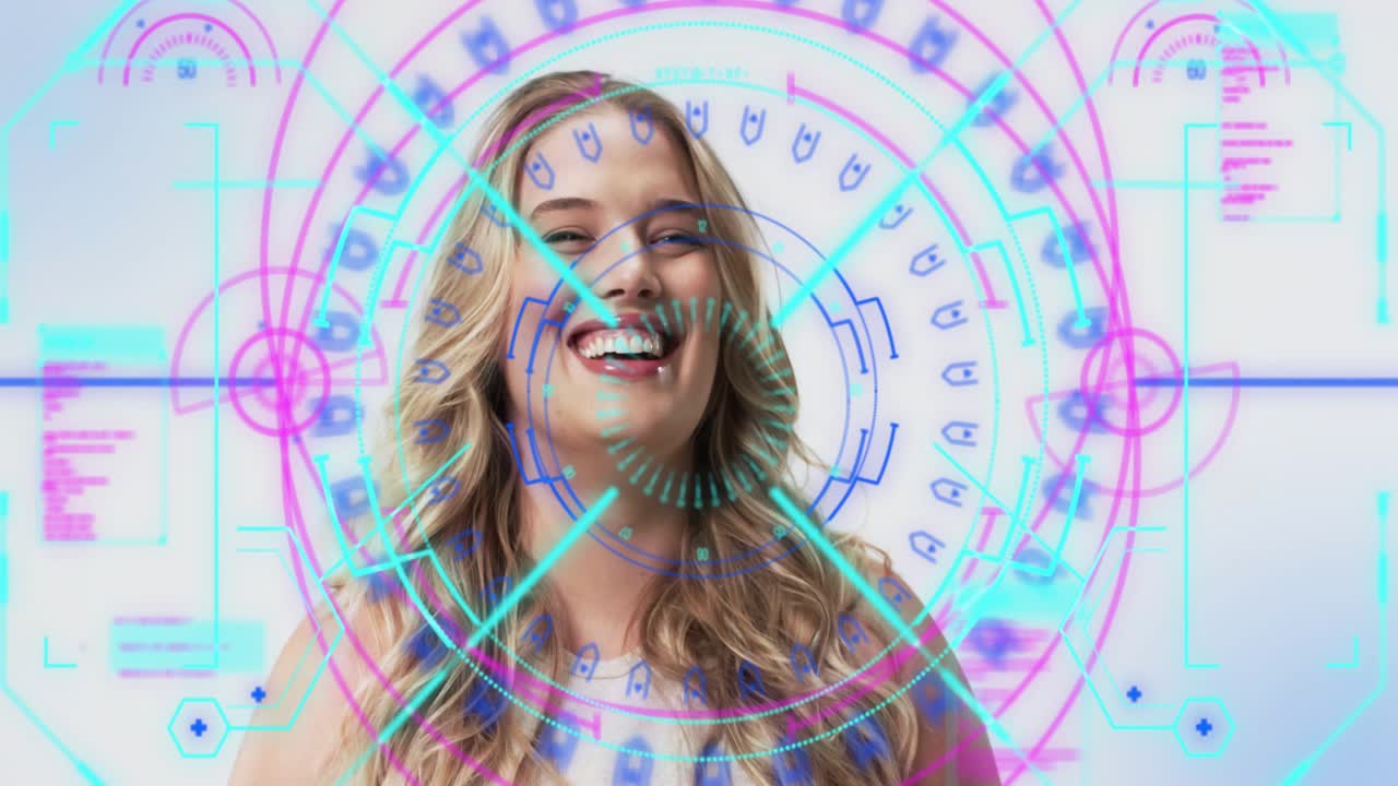 Tech HUD starting camera pullback while woman relaxing hands and laughing, responding to HUD