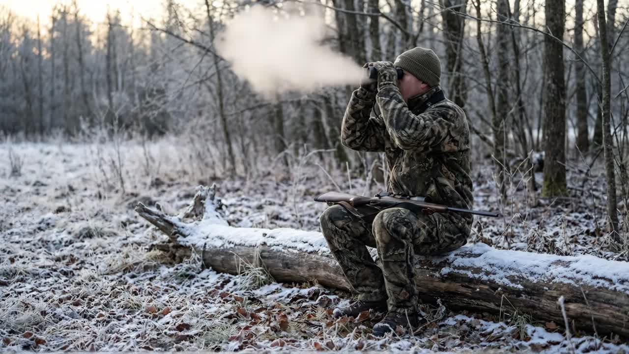 Jeger som sitter på en snødekt tømmerstokk i en vinterskog og ser gjennom en kikkert