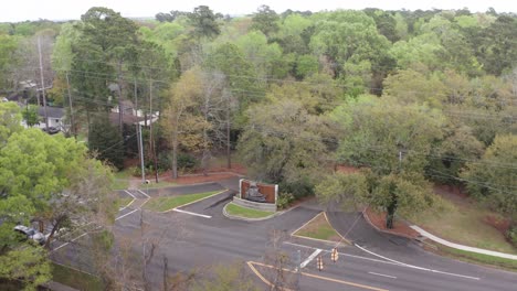 Close-up-panning-aerial-shot-of-the-entrance-to-Old-Charles-Towne-Landing-along-the-Ashley-River-in-South-Carolina