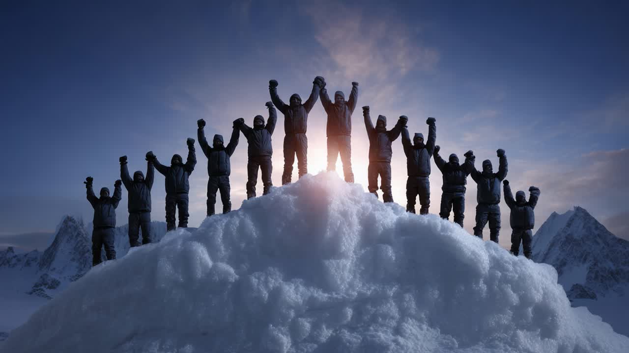 A group of climbers celebrates their achievement at the summit of a snowy mountain, raising their arms in triumph against a vibrant sunset backdrop