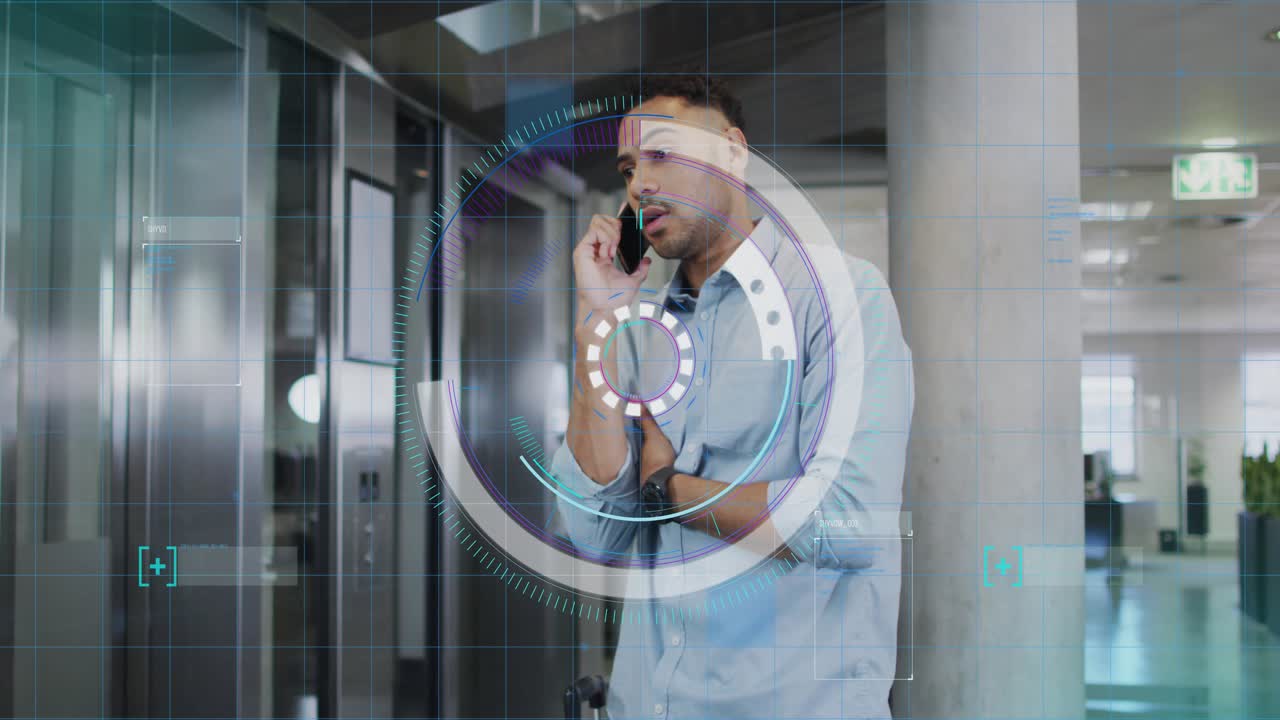 Man answering phone, tapping watch in business by elevator while HUD overlay expands, awaiting OK