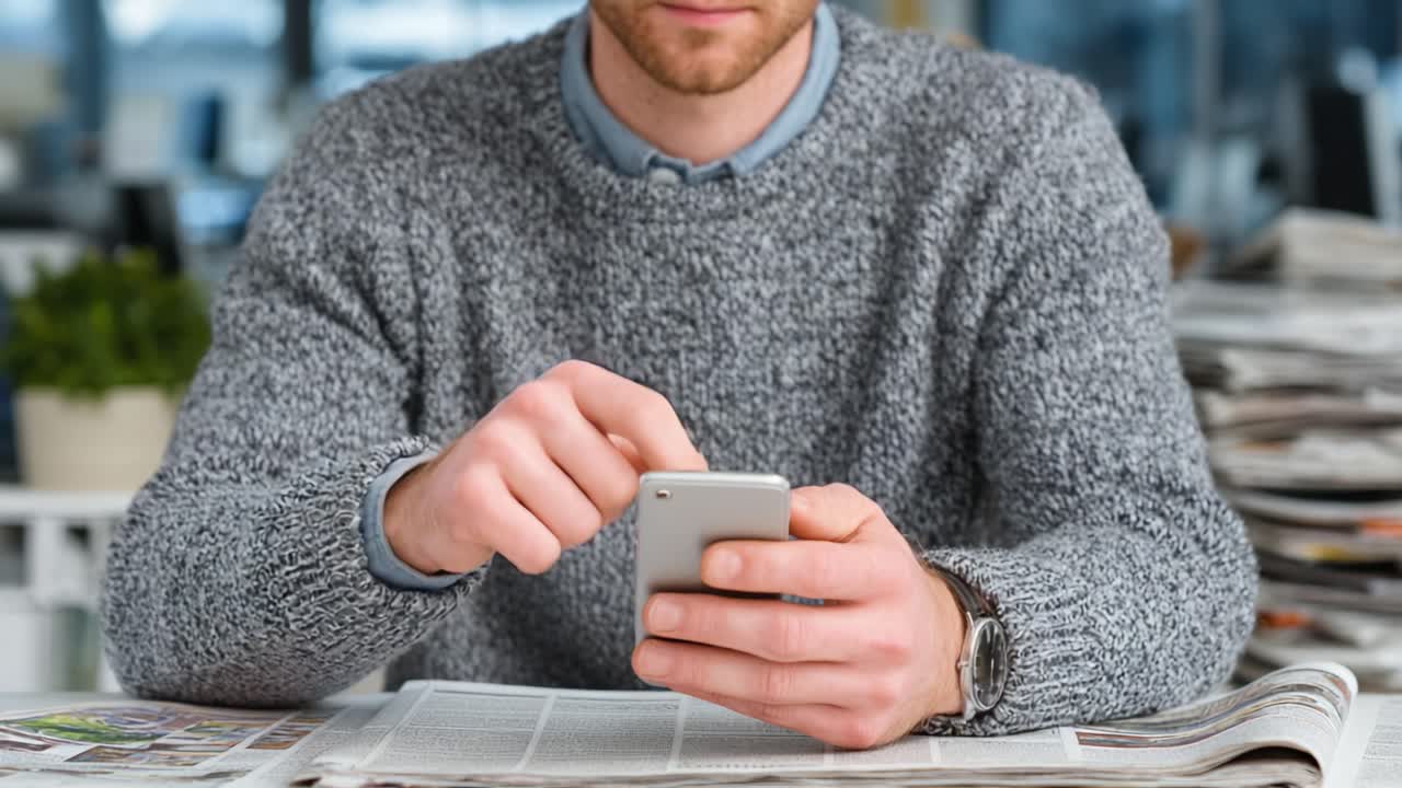 A focused individual interacts with a smartphone while seated at a table cluttered with newspapers, highlighting a blend of old and new media in a contemporary setting