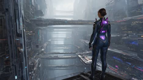 a person looks out over a sprawling futuristic cityscape