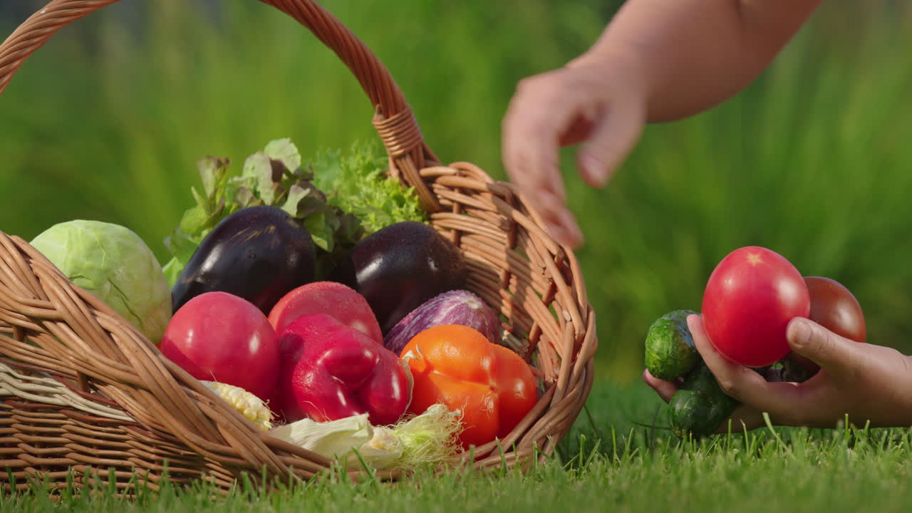 recogiendo verduras frescas de una canasta en un jardín