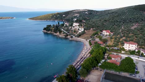 A-beautiful-drone-shot-of-a-beach-near-Volos,-Greece