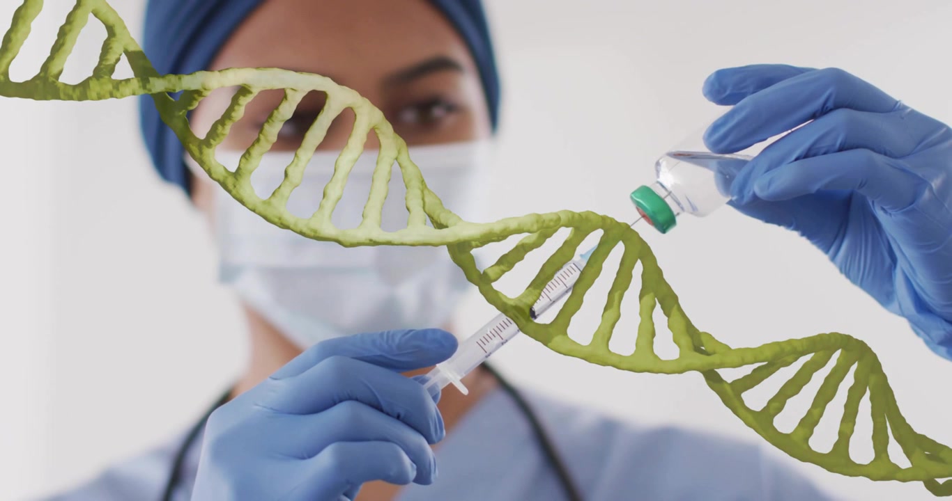 On tilting vaccine vial, medical researcher drawing fluid in lab with DNA helix shifting colors