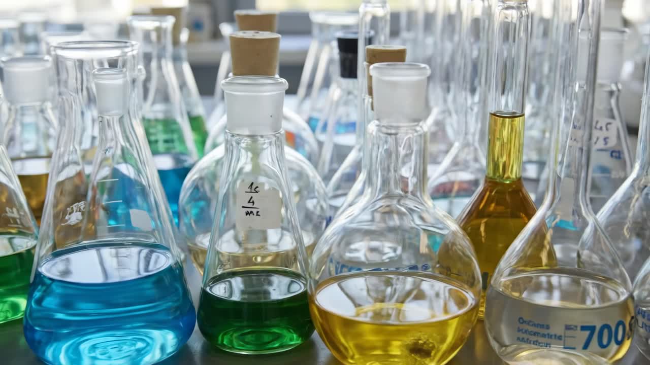 Detailní záběr vědeckého skla s barevnými kapalinami