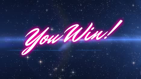 digital animation of neon pink you win text against light trail and shining stars on blue background