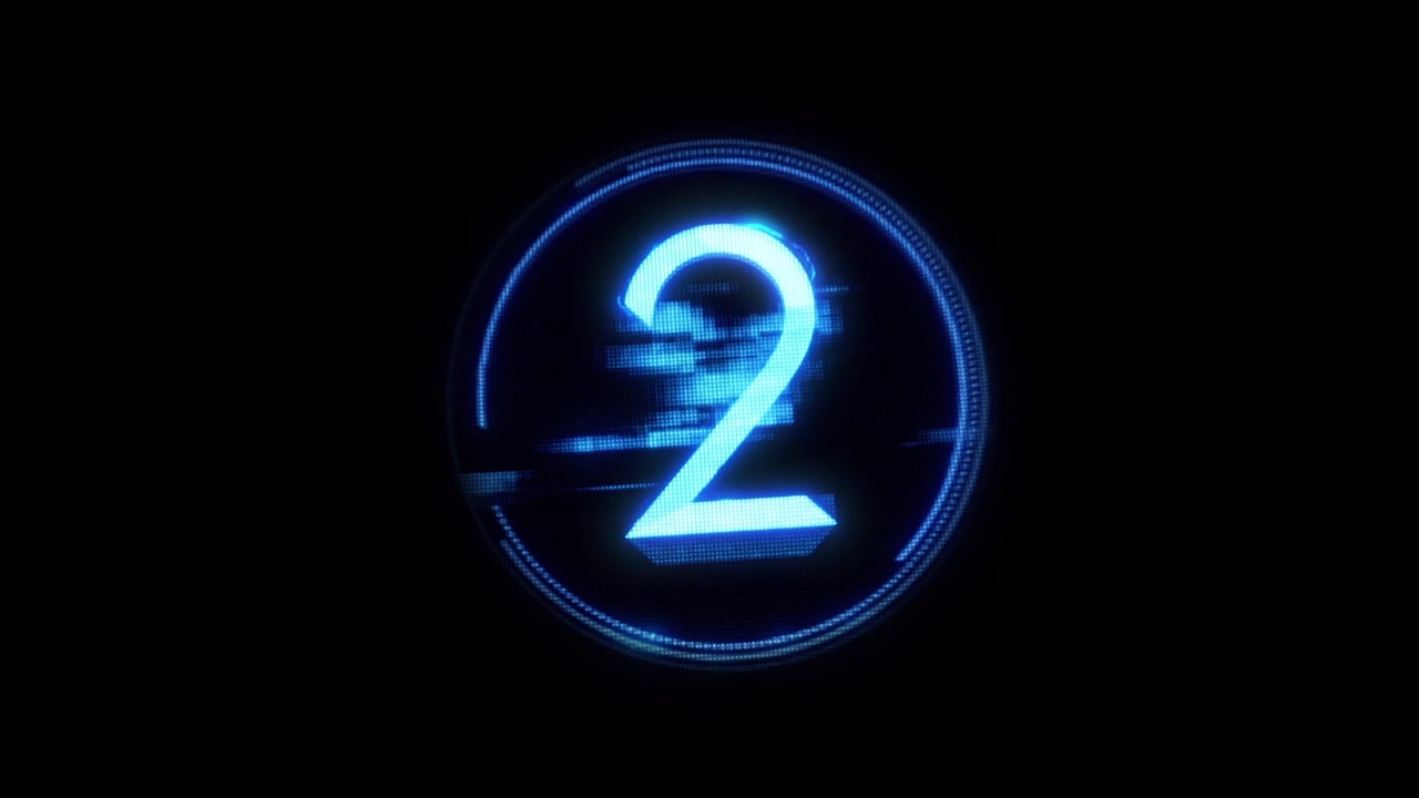Digital Countdown Timer with Glowing Blue Neon Number Two