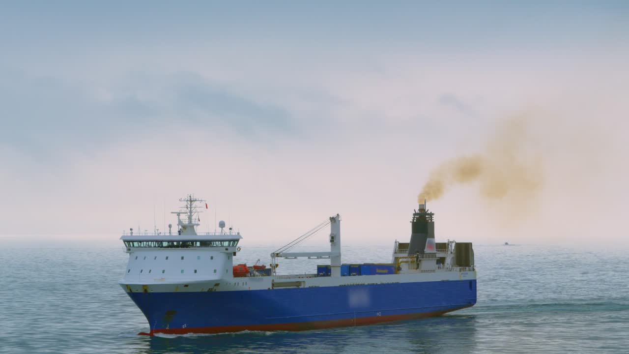 Cargo Ship Logistics Vessel in English Channel Transporting Goods in Busiest Shipping Lane in the World with Diesel Engines Pumping Fumes Out in Slow Motion 4K