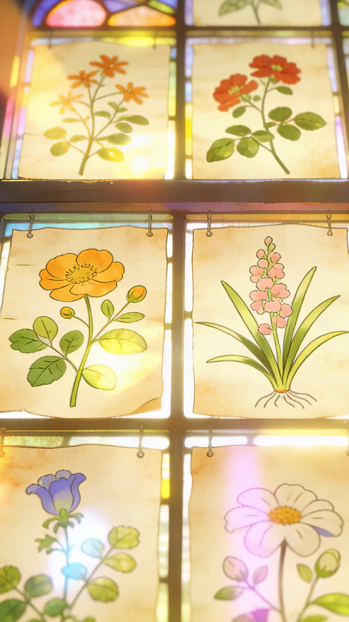 Video verticale: Luce solare che scivola attraverso una finestra colorata in studio, illuminando sei fogli di fiori ritagliati