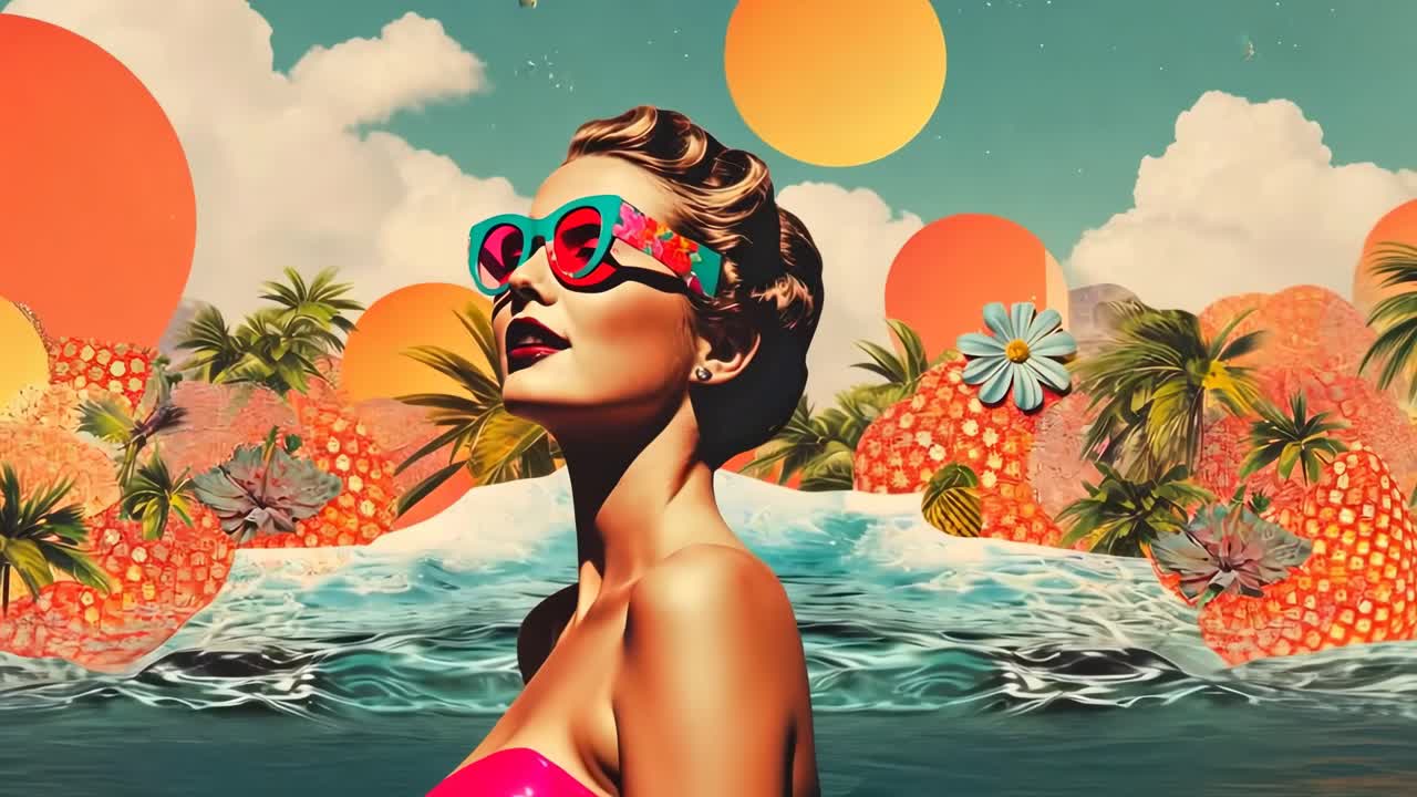 Video ve retro stylu se surrealistickou, barevnou plážovou scénou. Z podhledu je zachycena žena v slunečních brýlích