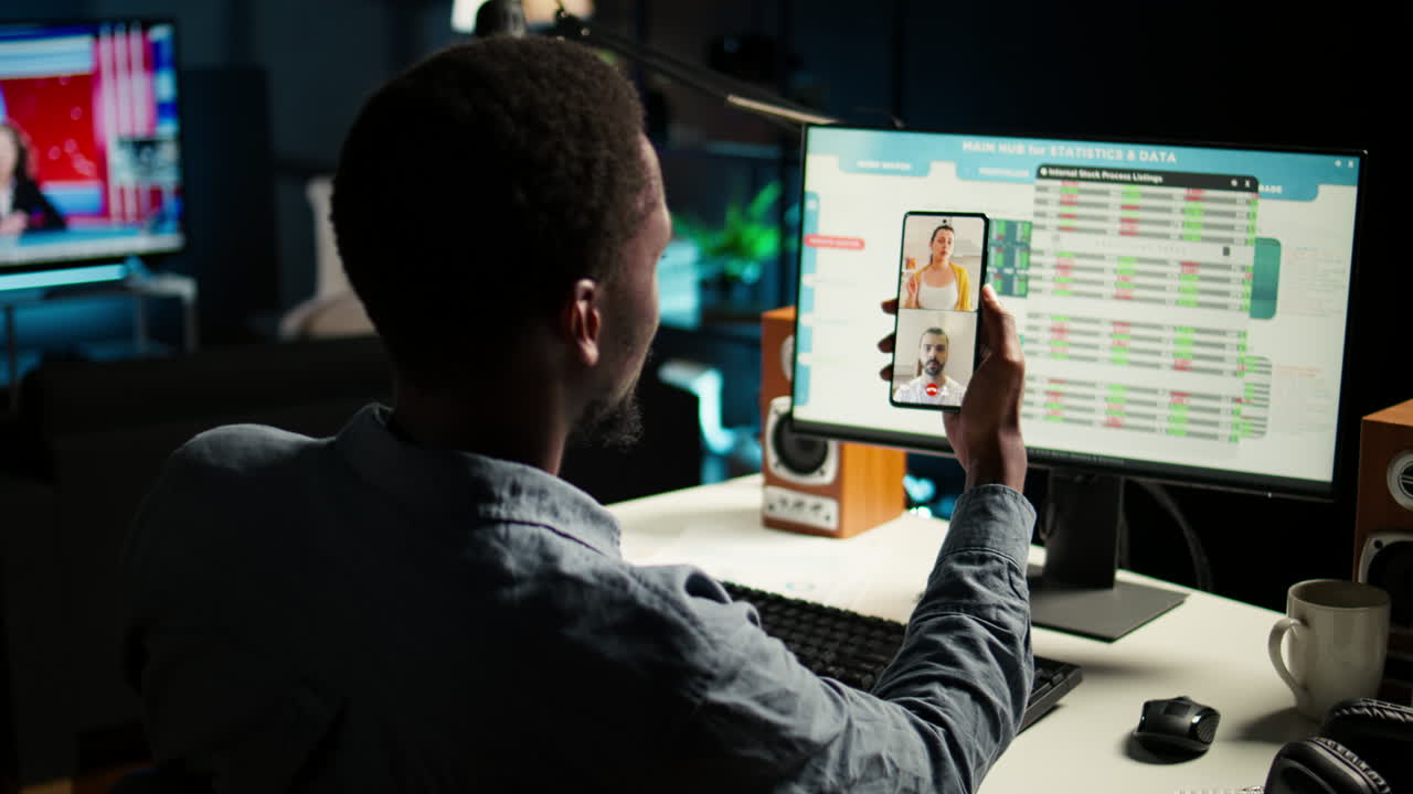 Economist on video conference chat with consultants analyze earnings balance