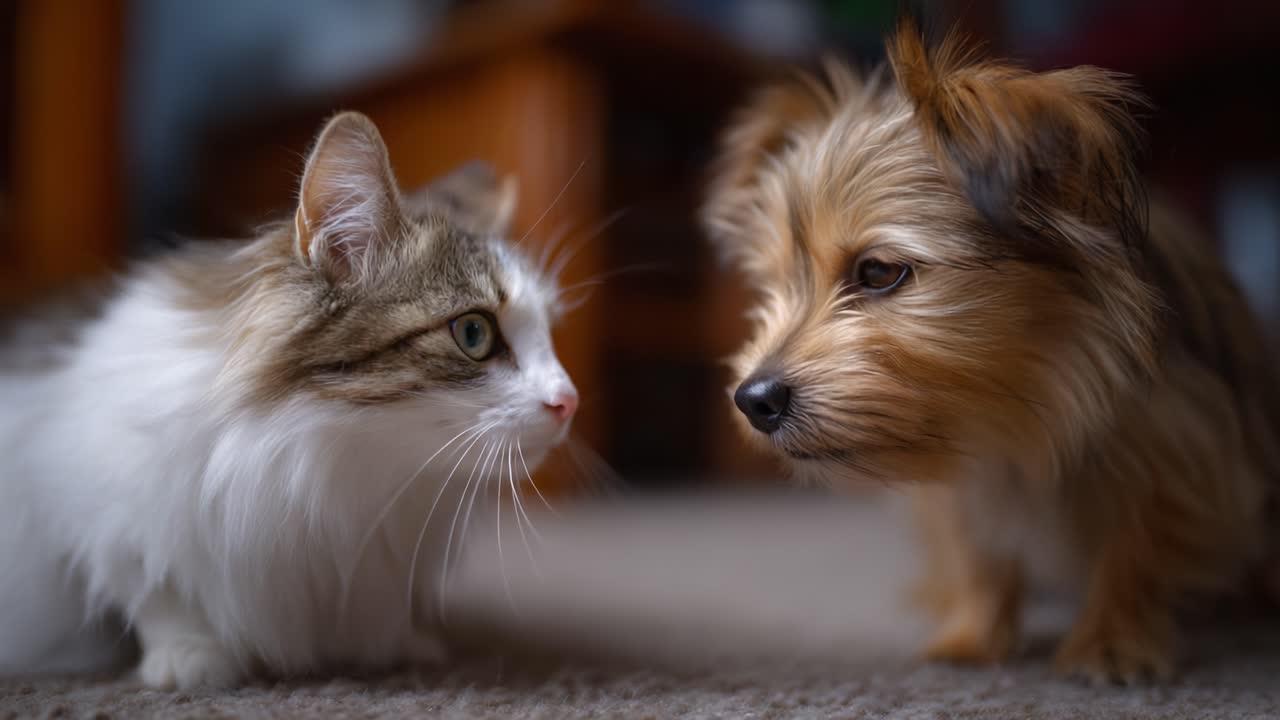 Un momento toccante: un gatto e un cane condividono un legame intimo in un ambiente interno accogliente, catturando l'essenza dell'amicizia e della compagnia