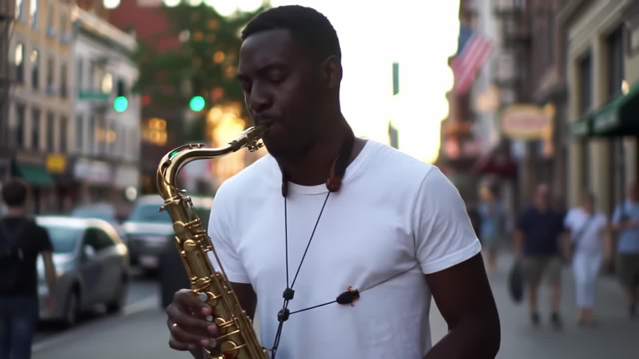 Street Saxophonist Performs Soulful Music During Sunset in Vibrant City