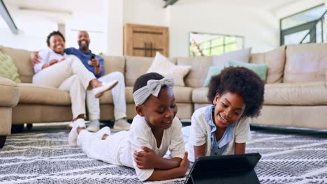 Siblings,-girl-or-tablet-with-internet-on-floor