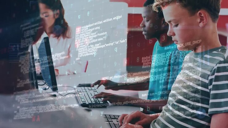 Animation of cyber security processing over caucasian boy using computer at school