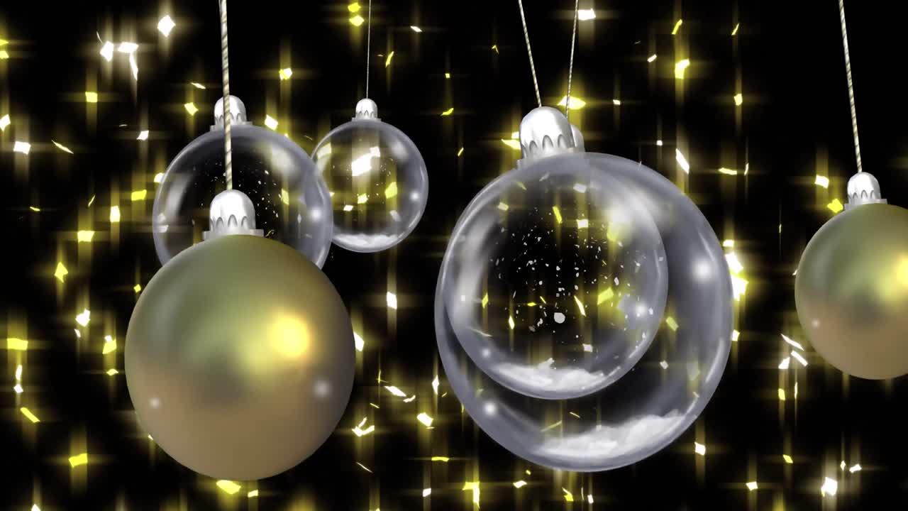 Animazione di palline di Natale ciondolanti con nevicata e stelle su sfondo nero.