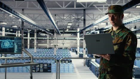 army soldier in server farm uses artificial intelligence program on laptop