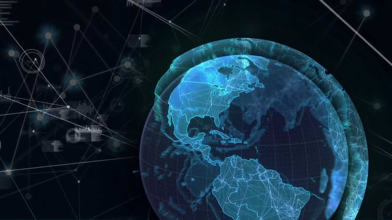 Animation of globe with connections and data processing on black background