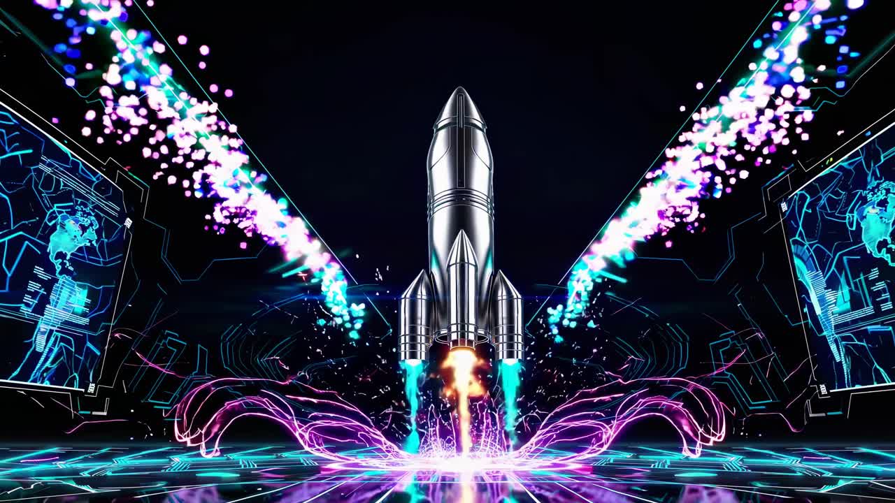 Futuristic rocket launch video with a dynamic, low-angle view and vibrant digital effects