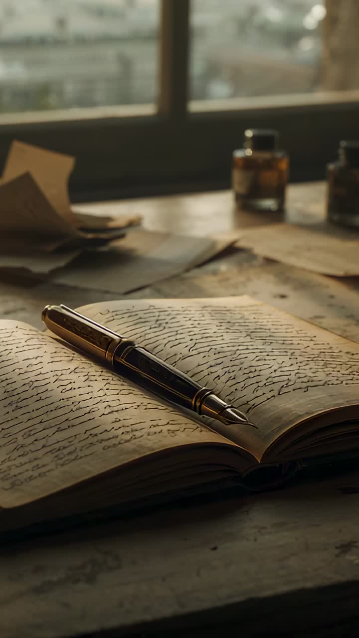 Vertical video: Shifting camera focus showing journal, fountain pen, ink bottles on desk by window