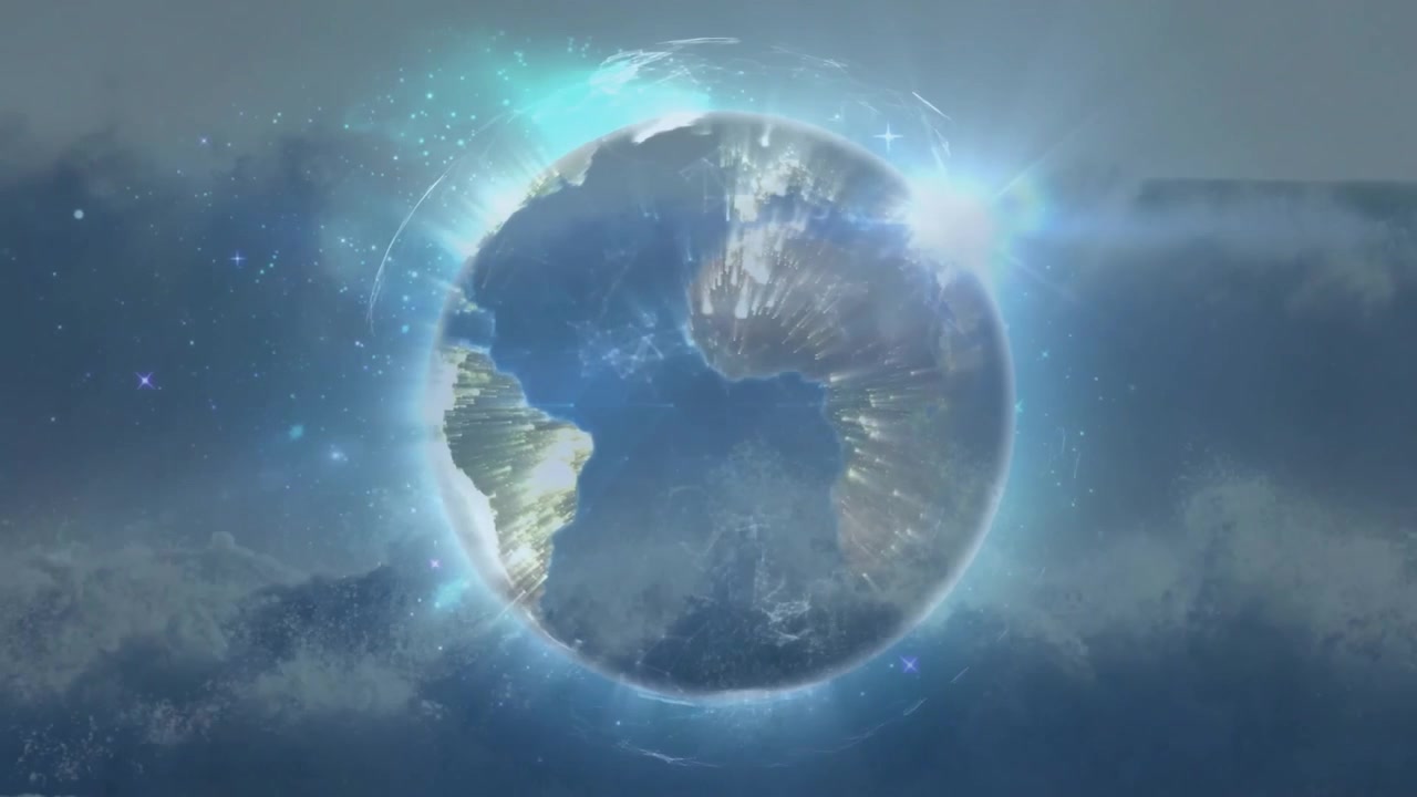 Partículas azuis girando em torno de um globo transparente rotativo, gerando continentes brilhantes e visualizando energia.