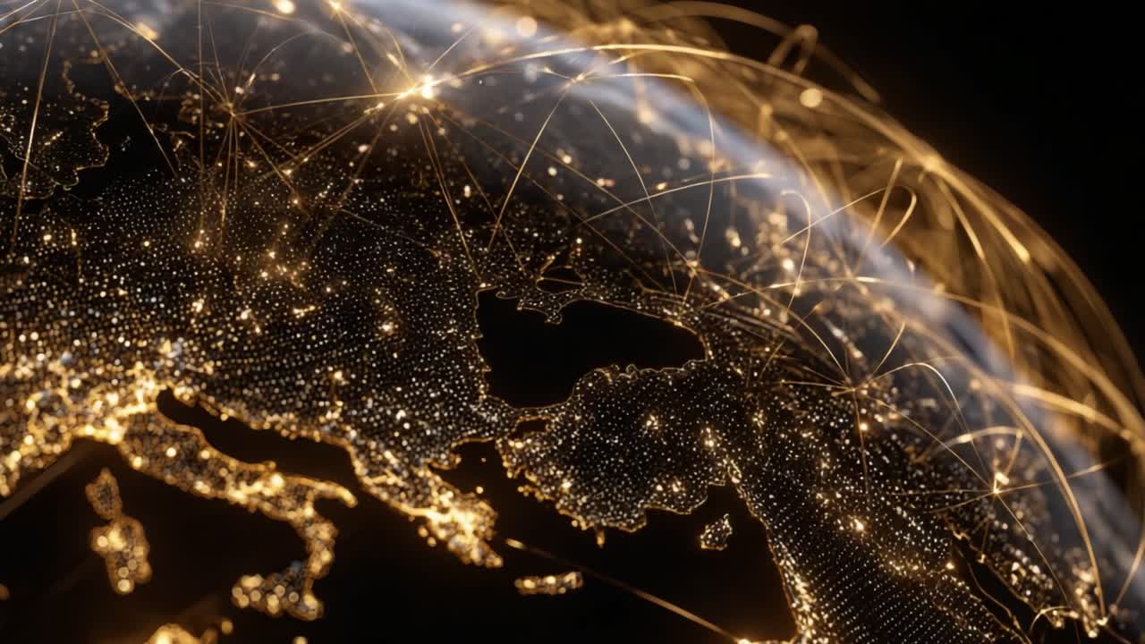 Digital Connectivity and Globalization: A Stunning Visualization of Networked Data Points Illuminating the Earth’s Surface At Night, Representing Technology and Communication Advances