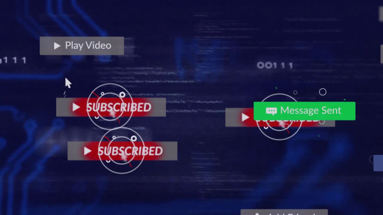 Streaming binary code play button emerging, subscribing, liking, notifying, playing and fading