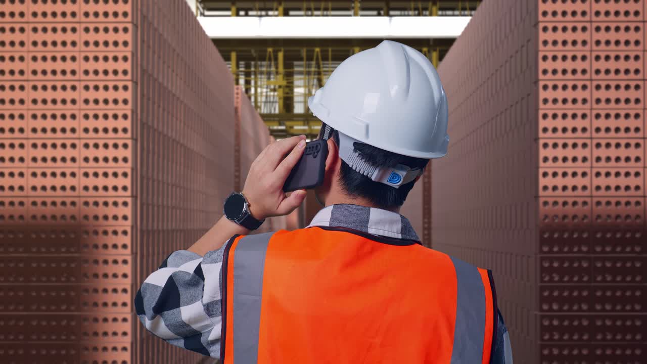 Close Up Back View Of Asian Male Engineer With Safety Helmet Talking On Smartphone While Standing With Red Brick Packed in Stacks Are Stored