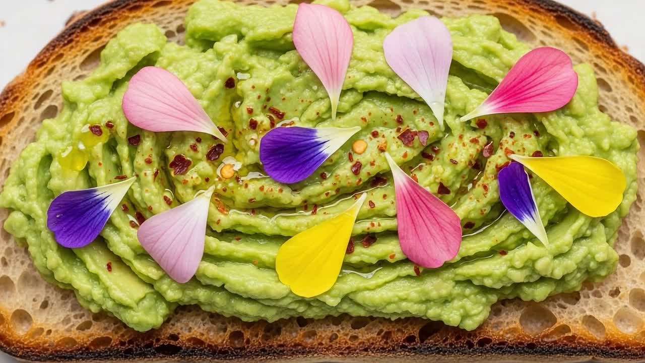 A Beautifully Presented Avocado Toast: Vibrant Green Spread Topped with Fresh Edible Flowers and Spices for an Eye-Catching Culinary Experience