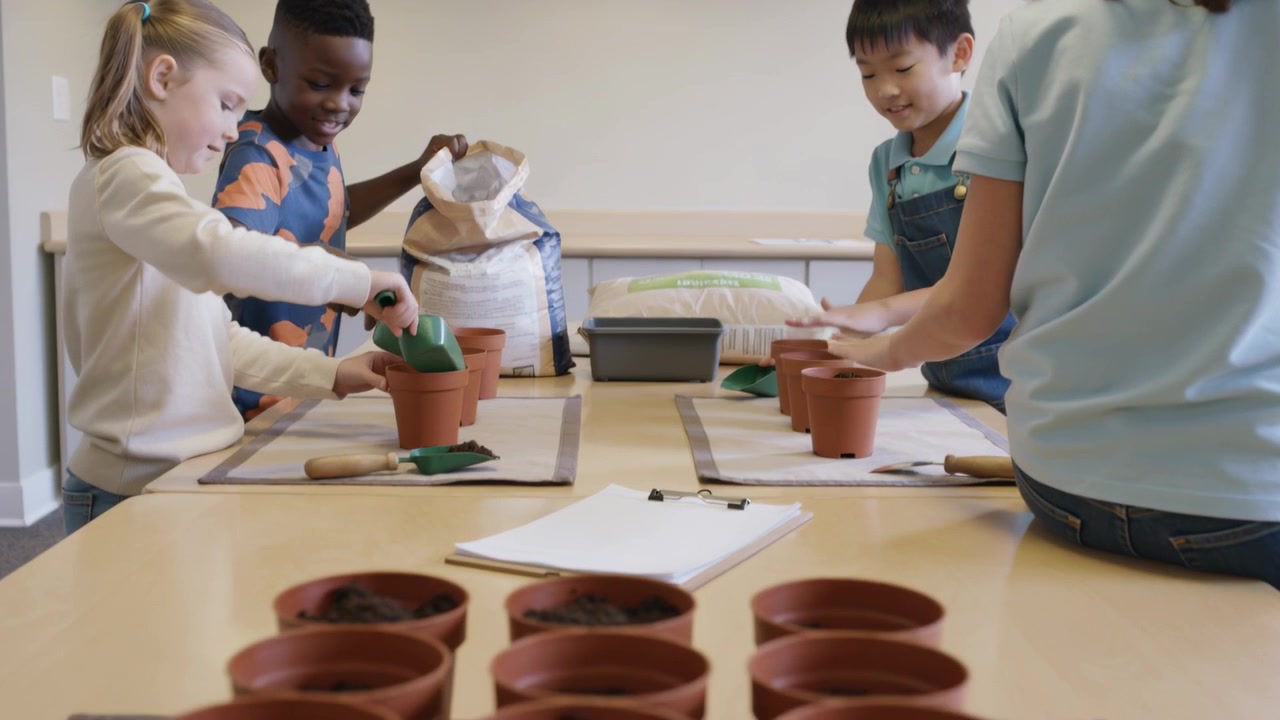 Gathering, four students scooping soil and filling clay pots for school planting