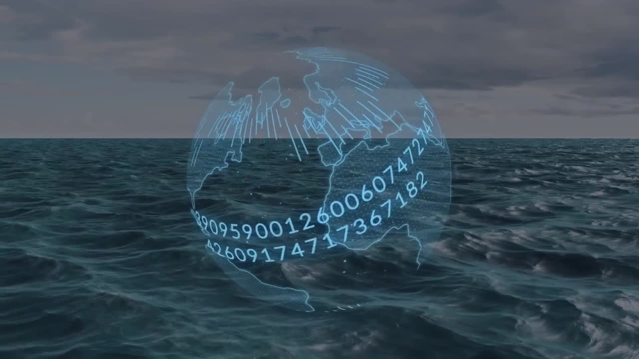 animación del procesamiento de datos y el giro del globo sobre el mar