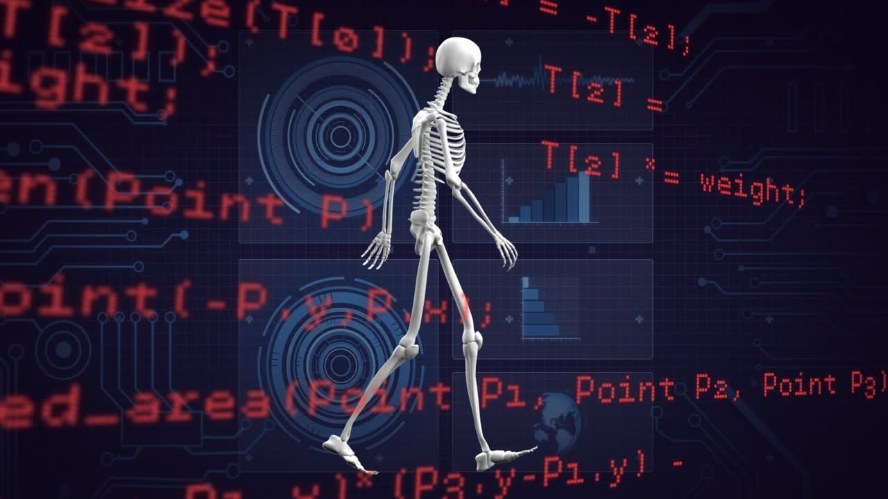 Animation of digital skeleton model with red coding text on futuristic interface