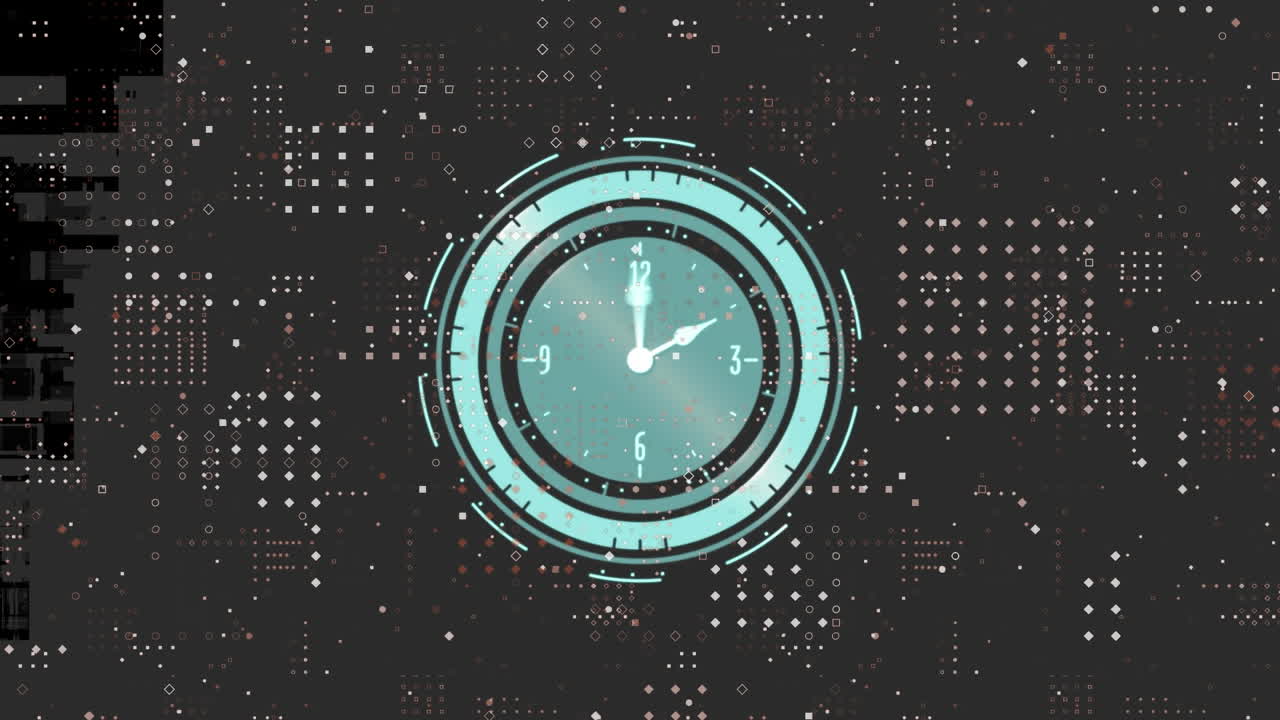 Digital animation of dots pattern against neon clock ticking on black background