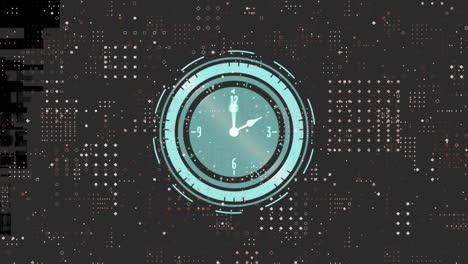 animación digital del patrón de puntos contra el reloj de neón en el fondo negro